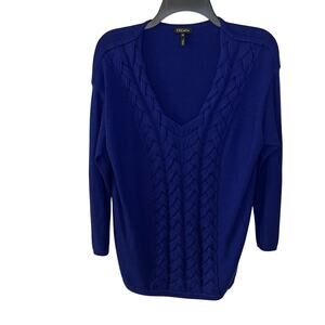 Escada Blue Wool Silk V Neck Cable Knit Sweater Medium Luxury Fancy Glam